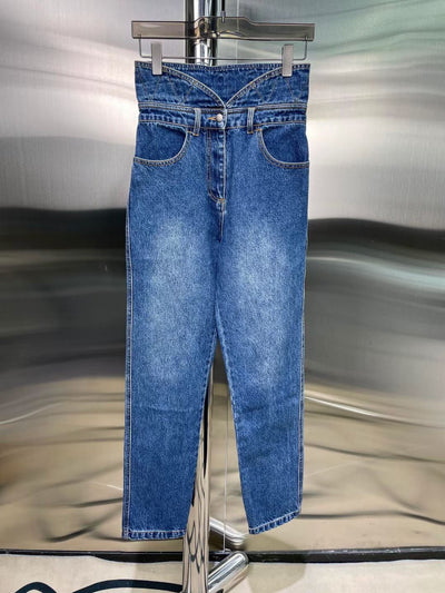 Women's Blue Cotton Jeans Petal High Waist Denim Pencil Pants 2022 Spring Summer new
