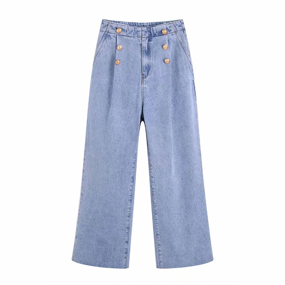 2022 women&#39;s summer hot style double-row wide-leg jeans fashion retro slim fit high waist trousers