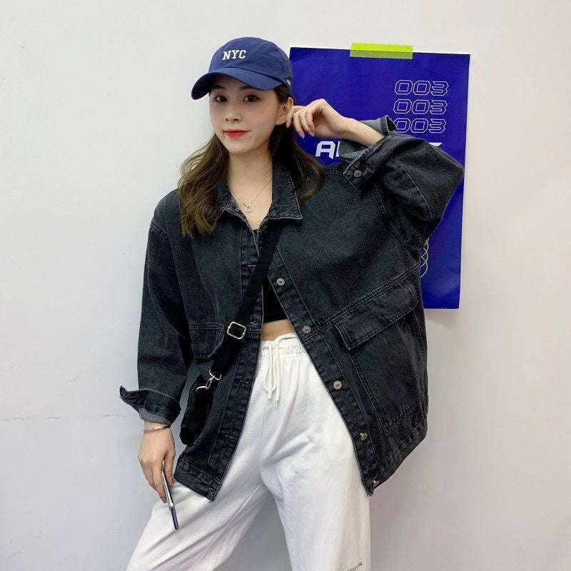Women&#39;s Denim Jacket 2021 Korean Style Solid Lapel Long Sleeve Casual Blue Jacket Outwear Autumn Winter Loose Jeans Coats Female