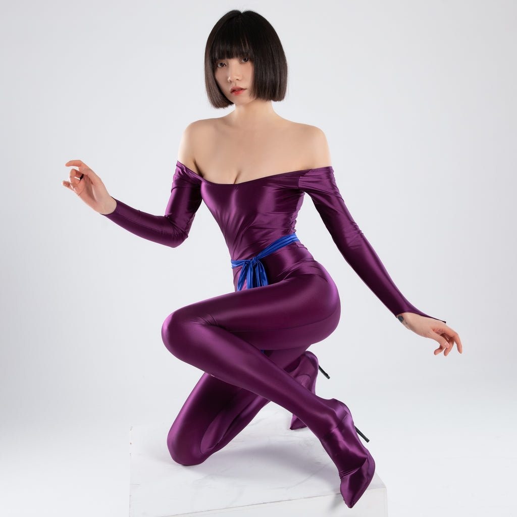 DROZENO Cosplay plays the role of nylon long-sleeved pierced solid color one-piece suit, shoes and clothes, all-inclusive satin