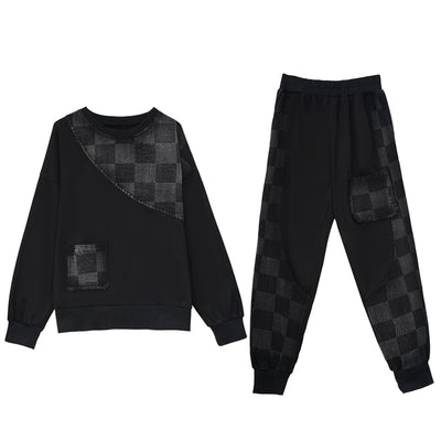 Women Outfit lattice Print Loose 2 Two Piece Set Streetwear Tracksuit Sweatshirt +Joggers Pants Matching Ensemble Femme 2 pièces