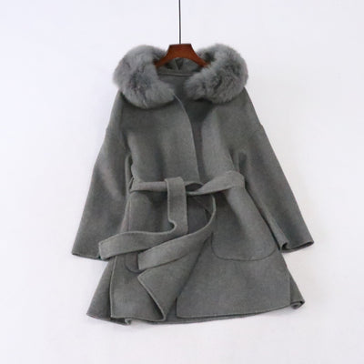 Korean Style Vintage Belt Long Loose Woolen Overcoat Jacket Warm Thicked hooded natural fur jackets