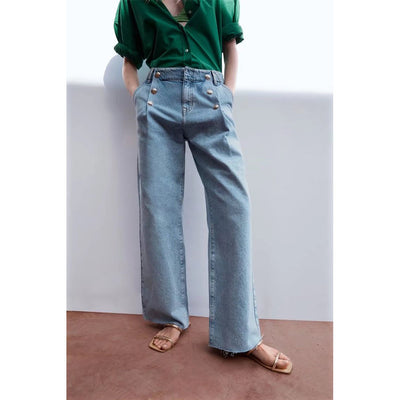 2022 women's summer hot style double-row wide-leg jeans fashion retro slim fit high waist trousers