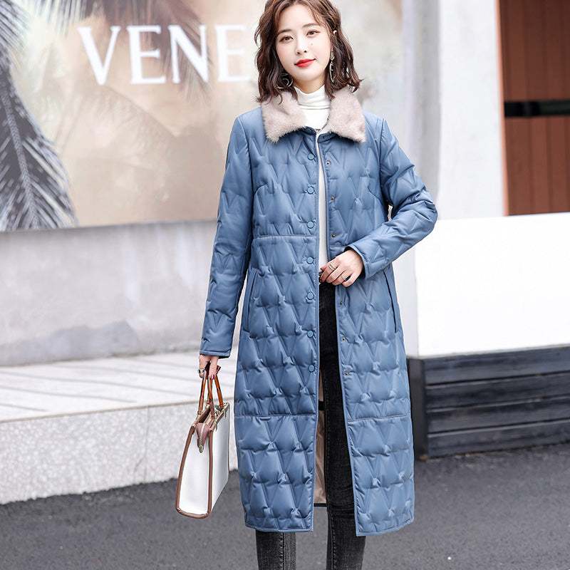 New Women Sheepskin Down Overcoat Autumn Winter Fashion Warm  Collar Loose Genuine Leather Down Coat Thick Long Fur Coat