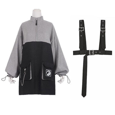 Trendy New Detachable Strap Belt Girls Skirt Gothic Dark Sweatshirt Short Skirt Top Personality Sweater Black Lolita Skirt