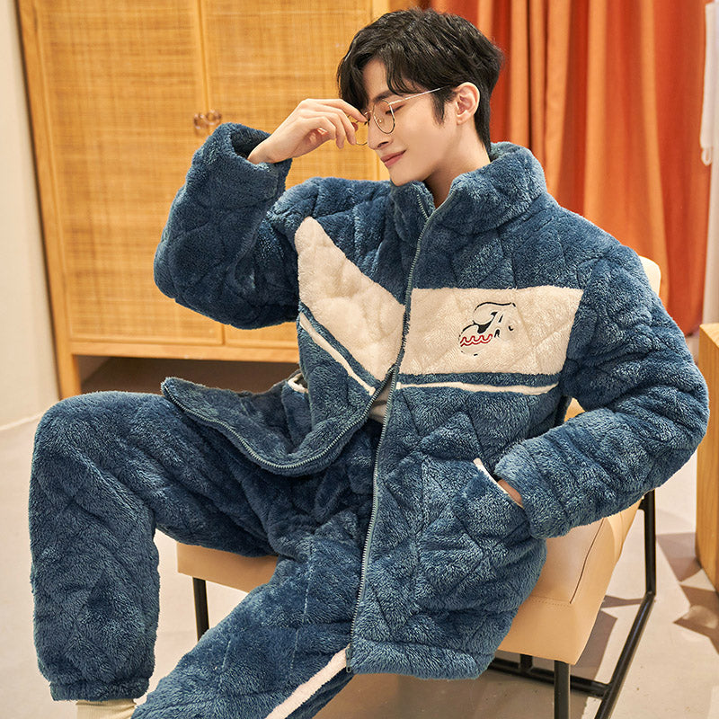 QUHENG Flannel Pajamas Set for Man Autumn Winter Long Sleeved Trousers Thicked Velvet Warm Coral Fleece Home Clothing Sleepwear