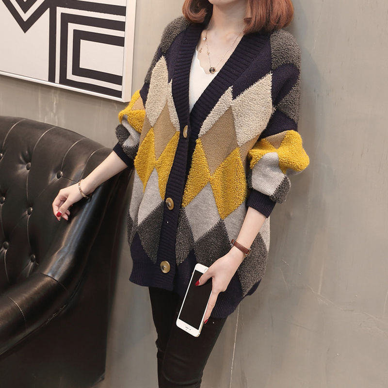 Women&#39;s Wool Sweater Cardigan Autumn and Winter New Splicing Coat Women&#39;s Korean Medium and Long Loose Sweater