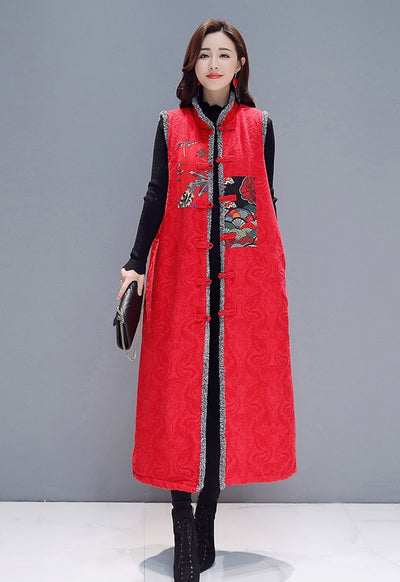2021 Winter Chinese Trench Coats Sleeveless Long Jackets For Women Cotton Robe Vintage Femme Chinese Style Clothing Women 11793