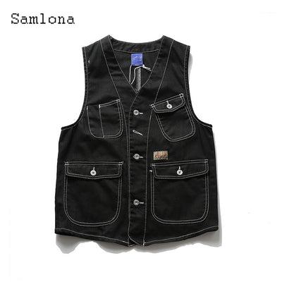 Samlona Men's Casual Denim Jackets 2022 Single Breasted Tops Sexy Multi-pockets Jean Vest Men Sleeveless Fashion Jeans Outerwear