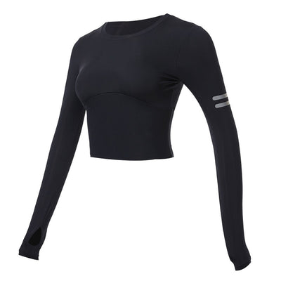 2021 Women Gym Yoga Shirts with Padded Long Sleeve Sports Workout Cropped Tops Slim Fitness Training Jogging T-shirts Reflective