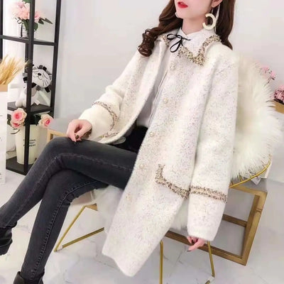 Small Fragrance Style Mink Velvet Mid-Length Coat New Women Cardigan Thickened Autumn Winter Woolen Jacket Female L535