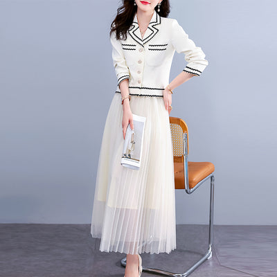 High Street Newest Suit Set Women's Single Breasted Small Fragrance Short Blazer And Pleated Mesh Mid Skirt Suit 2 Pieces Sets