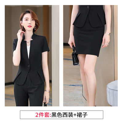 Summer Short Sleeve Solid Color Slim Fit Slimming Women's Suit Two-Piece Suit Suit Skirt Work Clothes Formal Wear Stand Collar B
