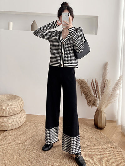 JXMYY European Station Fashion New Elegant Temperament Sweater Knitted Wide-Leg Pants Casual Sweet V-Neck Two-Piece Set