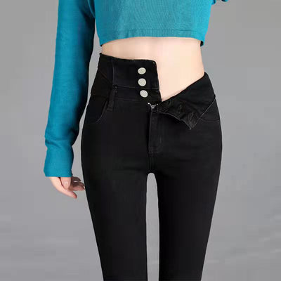 Thicken Stretch Skinny Fleece Jeans Wintern Warm Women High Waist Button Black Warm Jeans Lady Vintage Denim Pencil Korean Pants