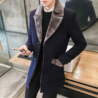 Men&#39;s Windbreaker Jacket 2022 Business Casual Warm Wool Plus Velvet Warm Standing Collar Mid-length Winter Men&#39;s Wool Jacket