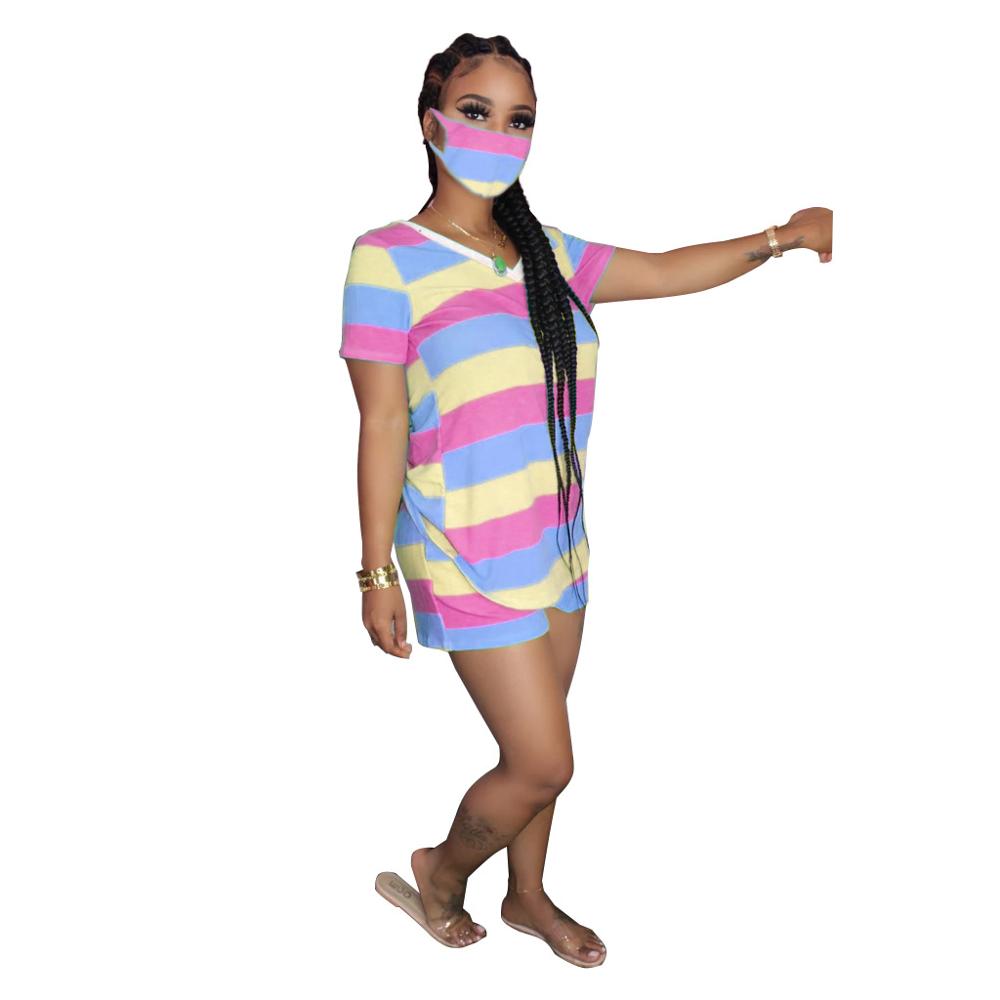 2021 summer hot sale simple multi color stripe round neck short sleeves top and hot shorts 2 pieces set casual lady fashion set