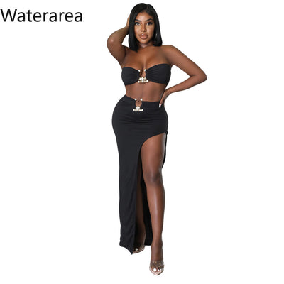 Waterarea Fashion Solid Women&#39;s Suit Sexy Strapless Bra+Split Maxi Skirt Suit Night Party Evening Two Piece Set New Summer 2022