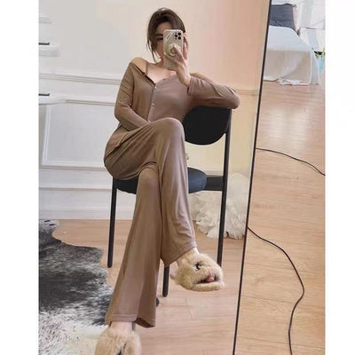 Fashion Casual Wrop Pullover Tops + Wide Leg Pants Sports Suits Women Spring Elegant Loose Homewear Suits Lady Soft Sportswears