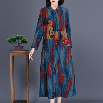 2021 Spring Autumn Women Vintage Long Dress Casual Long Sleeve Loose Floral Printed Dresses Robe Plus Size Vestidos 11570