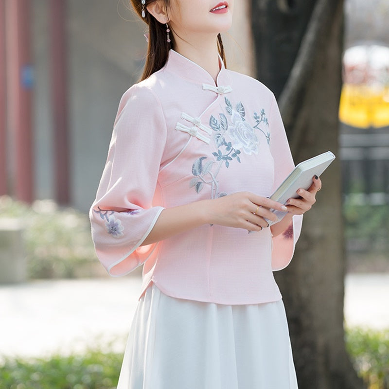 Traditional Chinese Style Clothing Women Tops Embroidery Loose Blouses Cheongsam Vintage Buckle Hanfu Shirts Tang Suits V2162