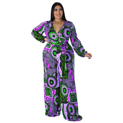 CM.YAYA Plus Size Women Paisley Black Hole Curve Long Sleeve Wrap V-neck Jumpsuit Street Party One Piece Set Overall Playsuit