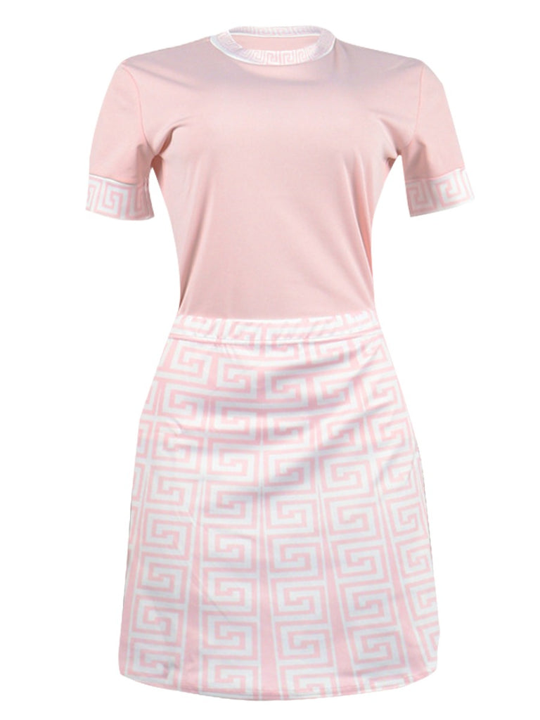 LW Plus Size Round Neck Geometric Print Skirt Set Short Sleeve Round Neck Tribal Casual two-pices women short dresses set