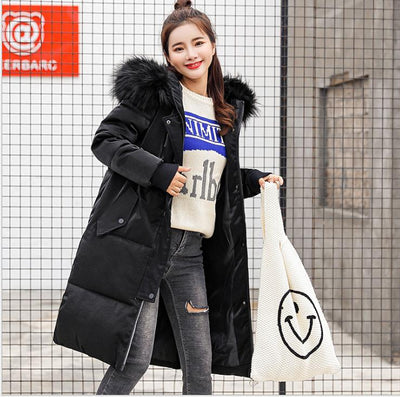2021 New High Quality Women Winter Pleuche Long Parkas Female Wide-Waisted Loose Down Cotton Jacket Hooded Fur Collar Warm Q457