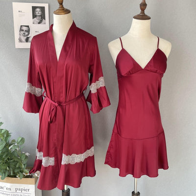 Spring Summer Nighty&Robe Set Nightgown Sexy Burgundy Lace Wedding Robe Sleepwear Soft Rayon Nightdress Bathrobe Casual Homewear