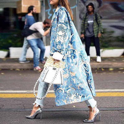 Vintage Floral Print Elegant Trench Coat Women Office Ladies Plus Size Coats Long Overcoat Casual Blue Fashion Outwear Female