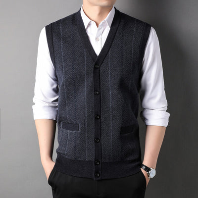Men Knit Vest Sleeveless Sweater Cardigan Jacket for Autumn Winter Vintage Pattern Buttons Down V Neck Pockets Casual 003166708
