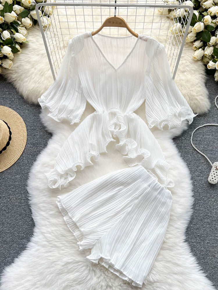FTLZZ Summer Casual Women Suits Female Two Piece Set Flare Sleeve Ruffled Asymmetric Chiffon Tops and Elastic Waist Loose Shorts