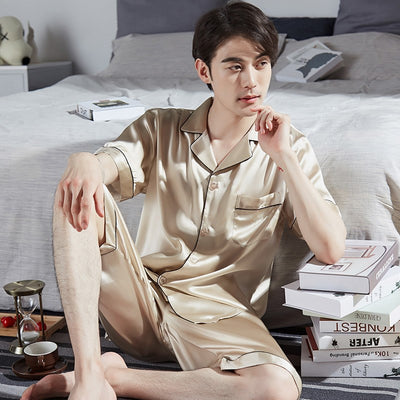 summer  real silk pajamas men sleepwear short pijamas suits turn-down collar man pyjamas Bedgown Dormir Lounge home clothes