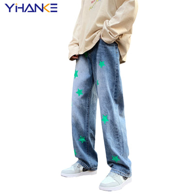 YIHANKE Spring New Trend Men Pentagram Print Jeans Straight Leg Pants Loose Wide Leg Jeans Pants Fashion Men Trousers Pantalones