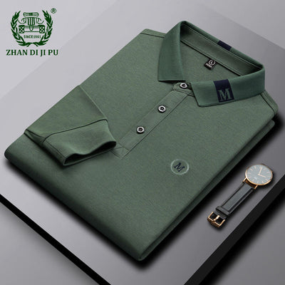 New Letter Embroidery Solid Color Long-sleeved Polo Shirts Men Fashion Business Cotton Lapel T-shirt Middle-aged Dad Spring Tops