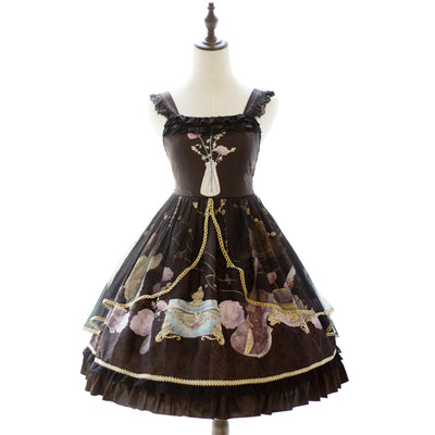 Vintage JSK Lolita Dress For Ladies Girls Floral Print Ruffle Old Times Dream Women Lace Sleeves Bowknot Golden Trim Sling Dress