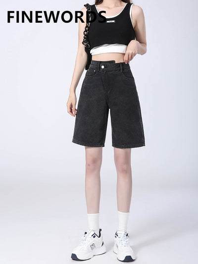 FINEWORDS Vintage Dark Gray Straight Shorts Jeans Women Casual Korean Denim Middle Shorts Streetwear High Waist Loose Shorts
