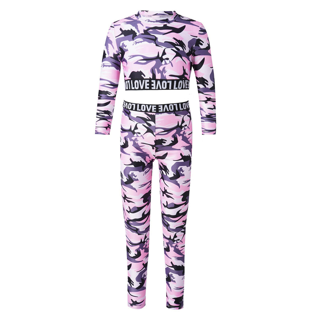 Kids Girls Yoga Suits Sports Outfit Camouflage Sportswear Long Sleeves Running Fitness Cropped Top+Leggings Pants Set Tracksuits