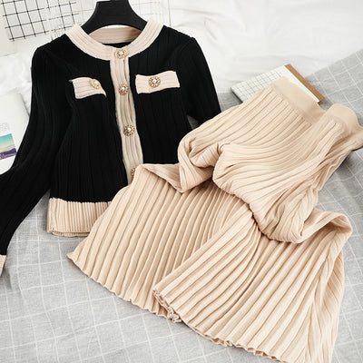 New Autumn Women&#39;s Knitted 2 Piece Set Chic Office Ladies Single Breasted Pearl Buttons Cardigan Sweater+Pleated Long Skirt Suit