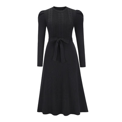 Winter New Style Bubble Long Sleeve Knitted Skirt Medium Long Style Thin High Waist Big Swing Dress Bottomed Wool Dress