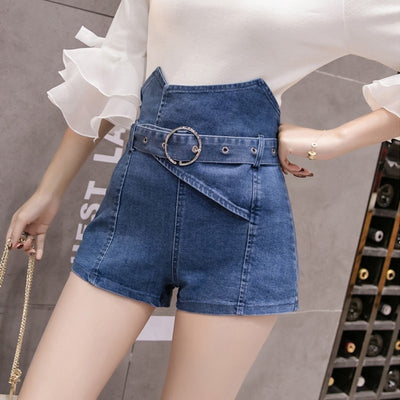 Summer 2022 New Super High Waist Hot Mini Shorts Belted Slim Fit Ladies Casual Streetwear Short Jeans Irregular Denim Shorts