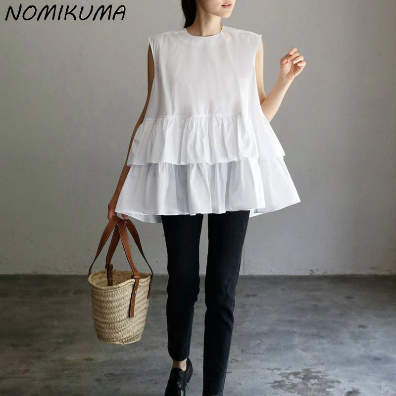 Nomikuma Women Japan Style Sleeveless Ruffle Doll Shirt Causal 2022 Summer Blusas Top Femme Chic Sweet Fashion Ladies Tops Mujer