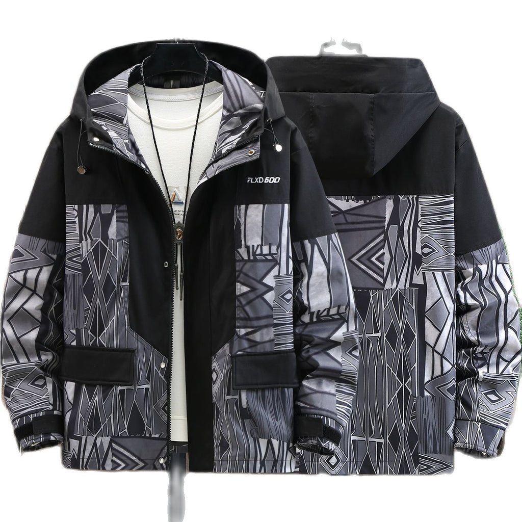 Men&#39;s stitching colorblock print men&#39;s jacket 2022 spring and autumn hooded casual jacket men&#39;s jacket