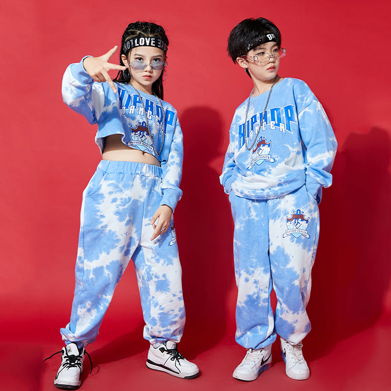 Jazz Dance Costume Girls Crop Tops Tie Dyed Suit Boys Hip Hop Costume Modern Dancing Clothes Long Sleeves Casual Wear DNV15449