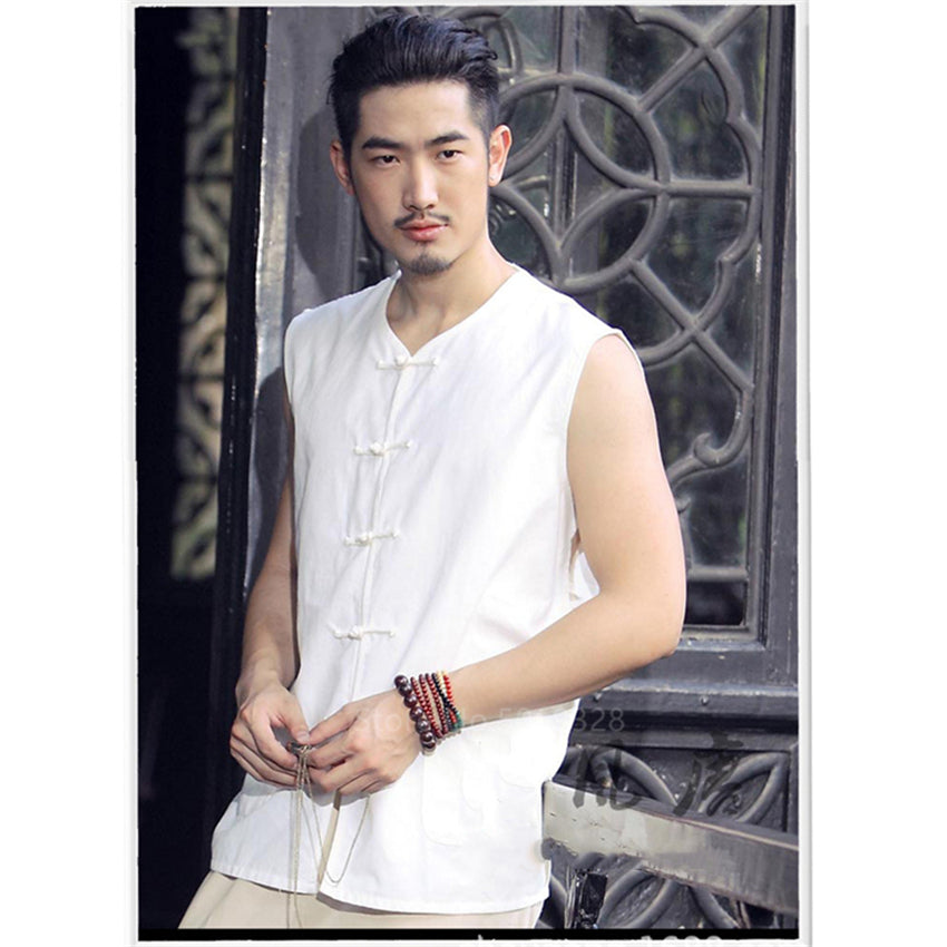 Chinese Tang Suit Top Sleeveless Vest Traditional Chinese Clothing for Men Cotton Buckle Manual V Neck Casual  Outfits