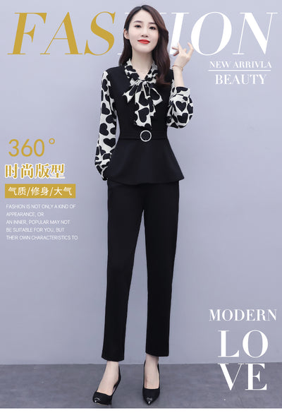 Summer Long Sleeve Elegant Formal Professional Women Business Suits  Style Printed Patchwork Shirts+Trousers 2-piece Sets