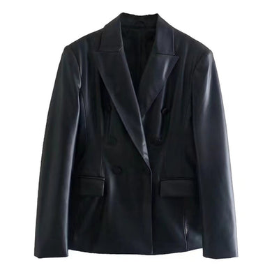 Jenny&amp;Dave 2022 England Style Fashion Double Breasted Leather Blazers Vintage Jacket Women