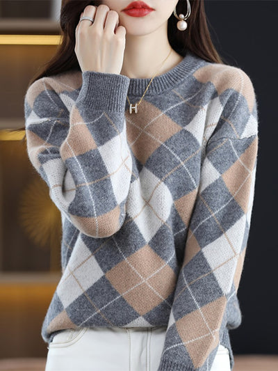 Pure Wool Cashmere Sweater Women Crew Neck Pullover Casual Fashion Retro Colorblock Top Autumn Winter Large Size Sweater