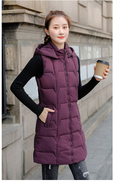 2022 Women&#39;s Mid Length Vest Down Padded Jacket Solid Color Hooded Sleeveless Zipper Jacket Warm Casual Coat Outerwear Fashion
