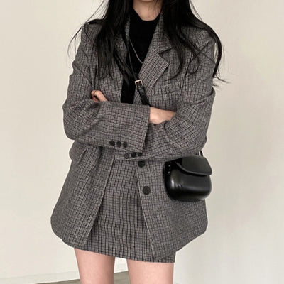 Korean 2 Set Woman Skirt Suits Retro Plaid Blazer Sets Fashion Suit Jacket + High Waist Skirt Sets  Casual Blazer Two Piece